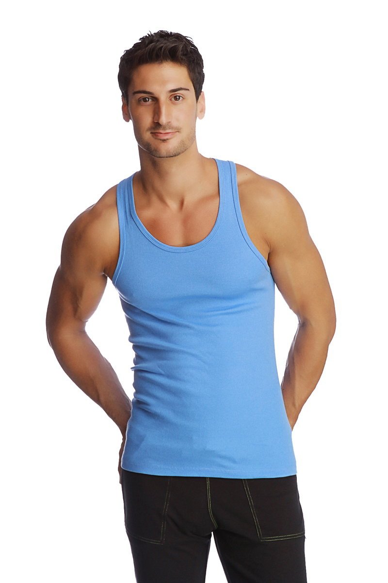 A light blue racer-back yoga tank with a sleeveless design and rounded neckline perfect for workouts