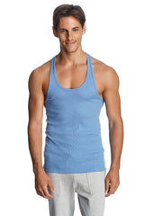 Light blue ribbed cotton racer-back yoga tank top shown from the back for comfortable workout wear