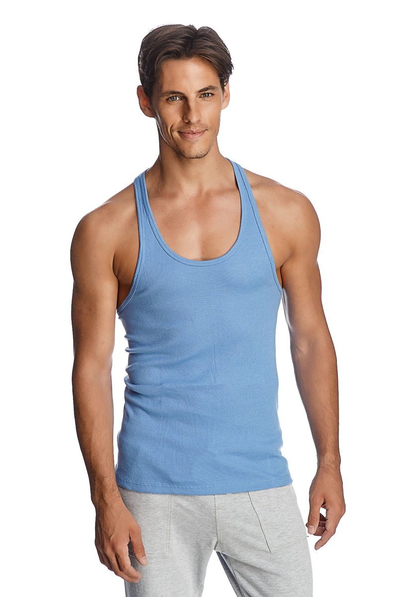 Light blue ribbed cotton tank top with classic scoop neckline and thin shoulder straps for yoga and casual wear