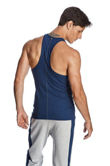 Navy blue racer-back yoga tank with back zipper and seam detailing designed for athletic wear