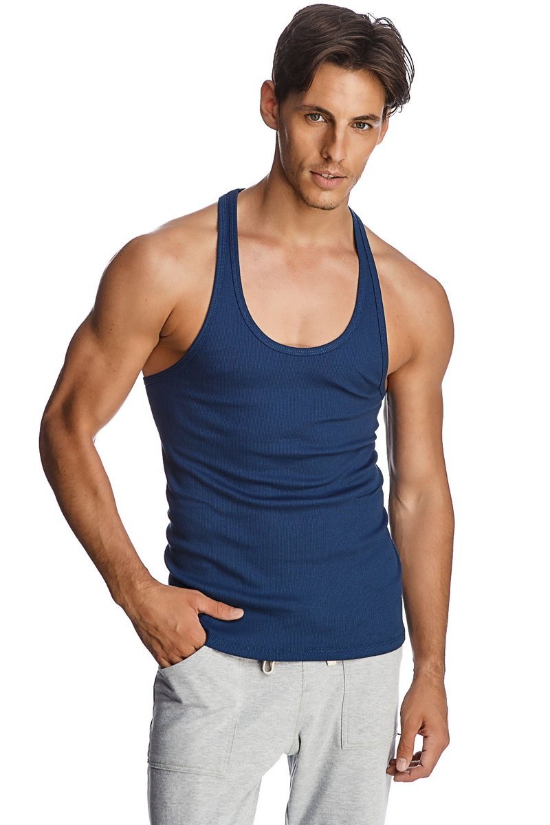 A navy blue fitted racerback yoga tank top with rounded neckline and ribbed trim shown from the back side