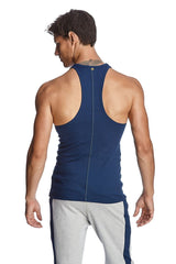 Navy blue racer-back yoga tank with central back zipper designed for comfortable activewear