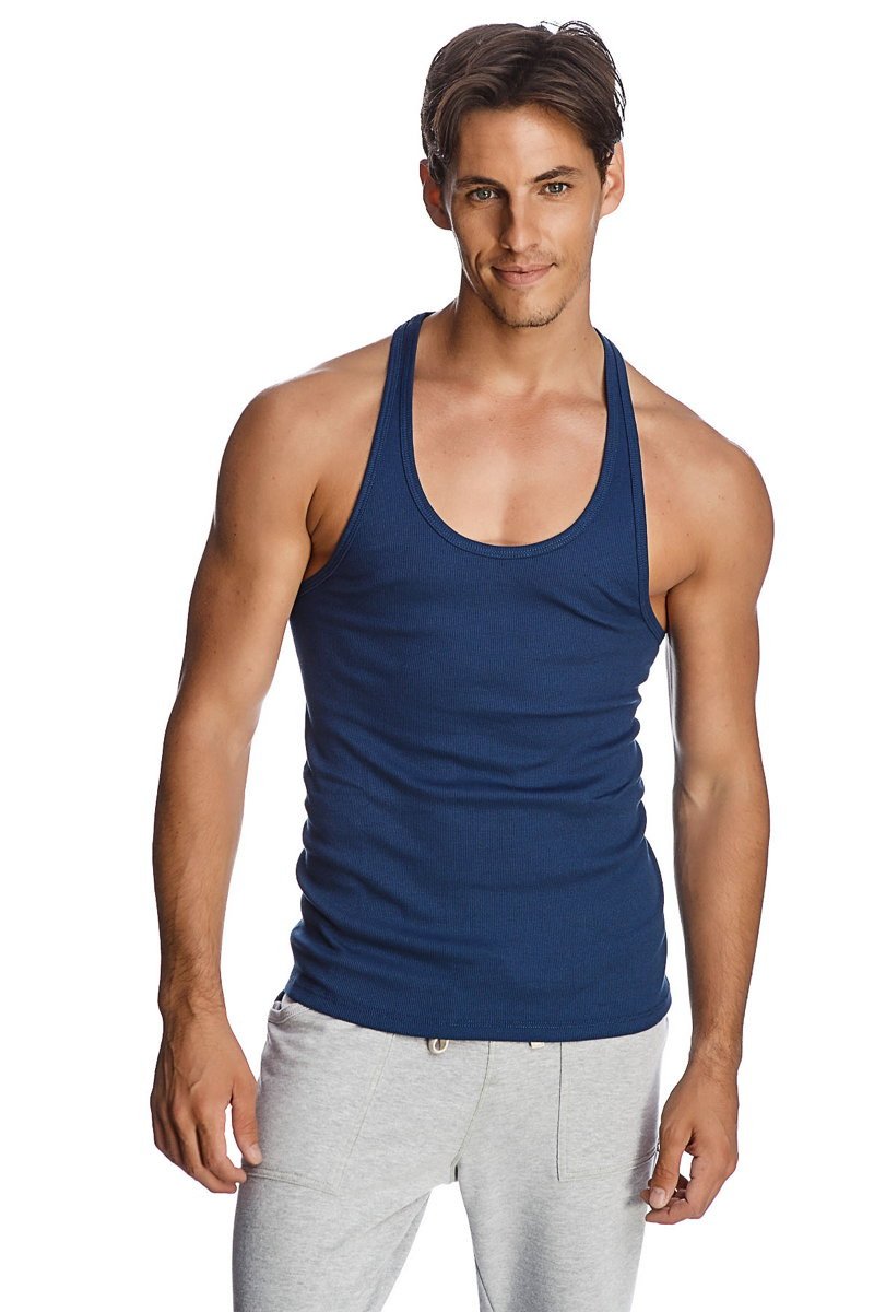 Navy blue sleeveless racer-back yoga tank with rounded neckline and ribbed hem perfect for activewear