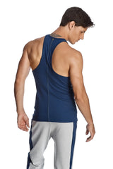 Navy blue racer-back yoga tank with back zipper and seam detailing designed for athletic wear