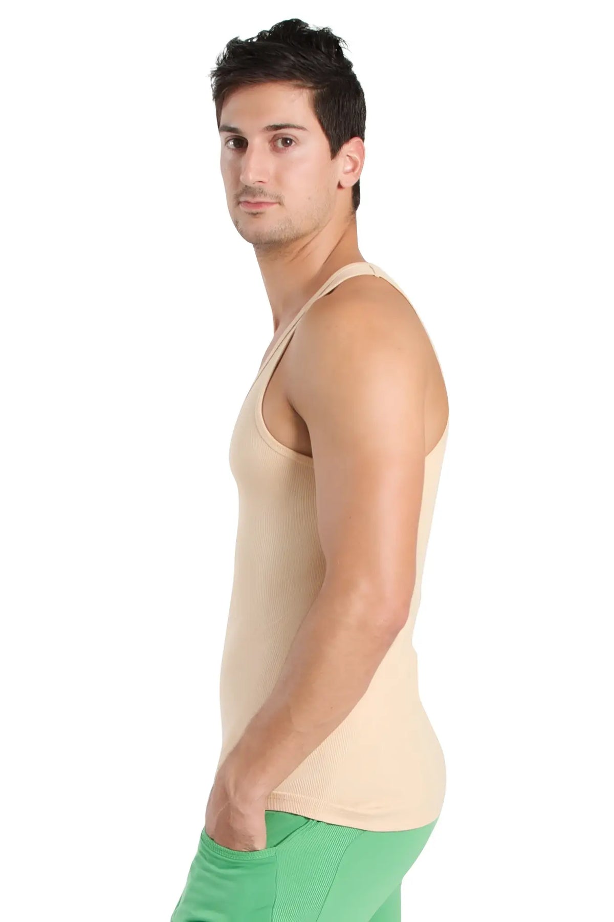 Beige racer-back yoga tank top with fitted cut thin straps sleeveless design for active wear