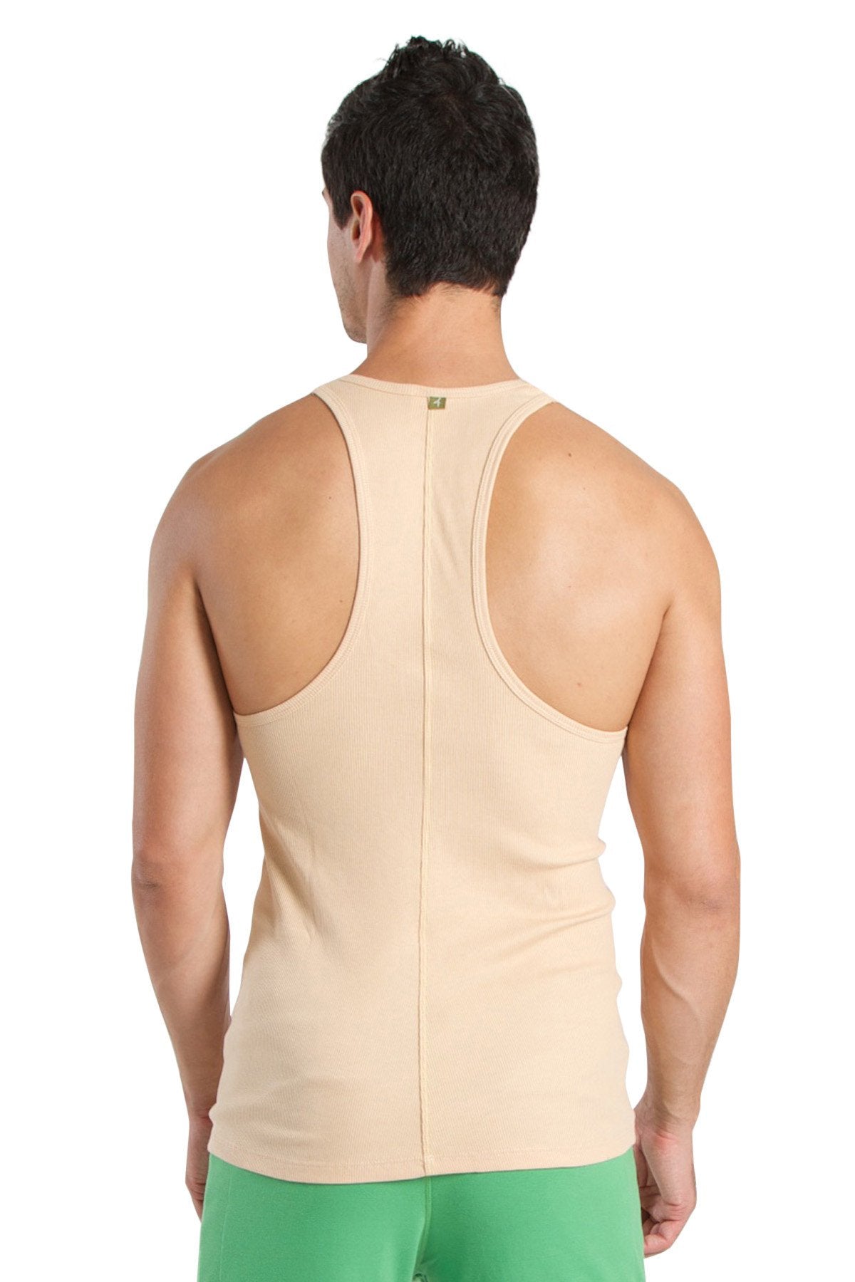 Beige racer-back yoga tank top with central seam and subtle brand tag at neckline ideal for workouts