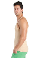 Beige racer-back yoga tank top with fitted cut thin straps sleeveless design for active wear