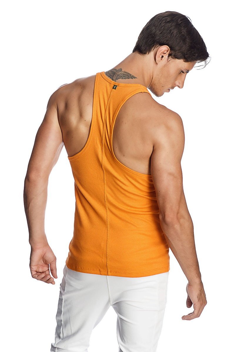 Back view of a sun orange racer-back yoga tank sleeveless top with a small black logo near the neckline