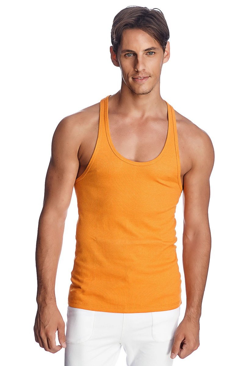 Orange ribbed racer-back yoga tank top showing the back side, lightweight and breathable for active wear