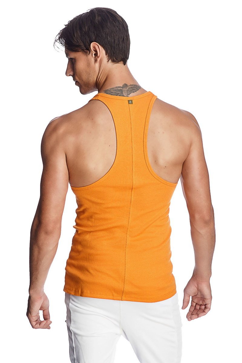 Orange ribbed racerback yoga tank top featuring breathable fabric ideal for active sun orange workouts