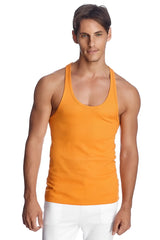 Orange ribbed racer-back yoga tank top showing the back side, lightweight and breathable for active wear