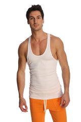 White cotton racer-back yoga tank with scoop neckline and thin shoulder straps shown from the back