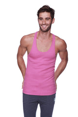 A vibrant berry pink racerback yoga tank top with a classic scoop neckline and soft sleeveless fabric
