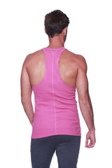 A vibrant pink racerback yoga tank top with a subtle vertical seam down the center for a form-fitting look