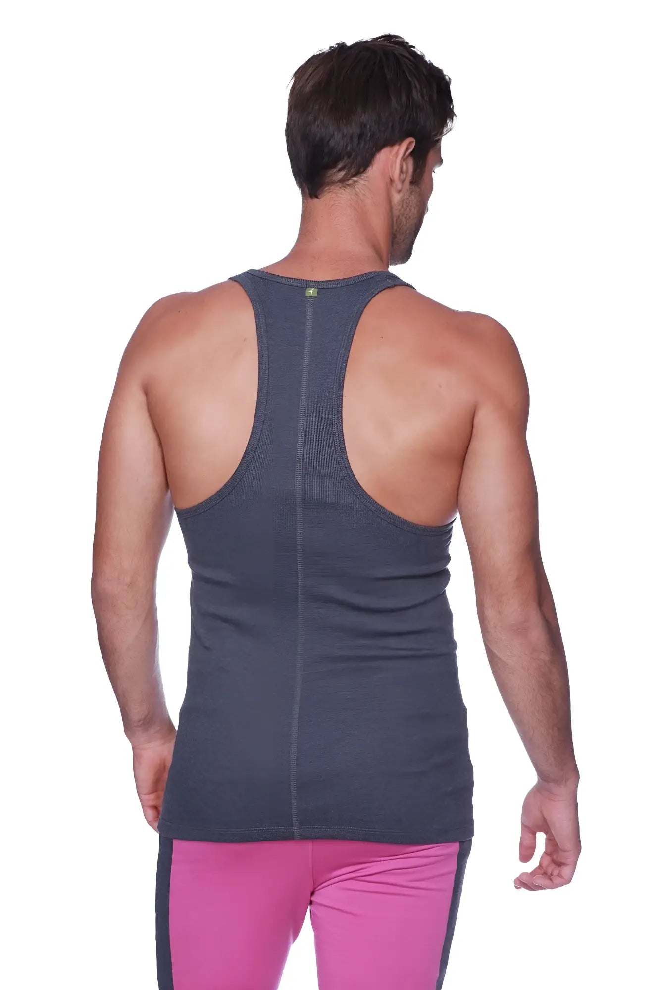 Dark gray textured racerback yoga tank top with subtle vertical center seam shown from the back side