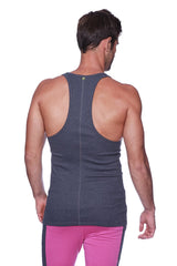 Dark gray textured racerback yoga tank top with subtle vertical center seam shown from the back side