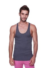 Dark gray heathered racerback yoga tank top with classic scoop neckline and thin shoulder straps