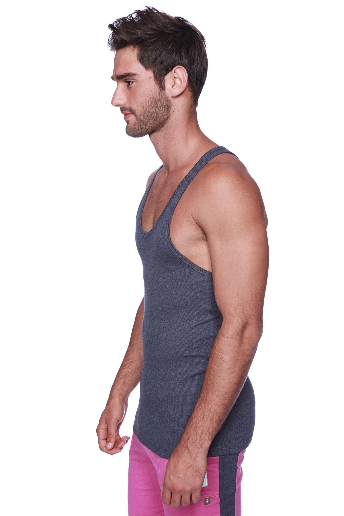 Dark gray fitted racerback yoga tank top with subtle textured weave shown from the back side