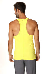 Bright yellow racerback yoga tank top with sleek form-fitting design for comfortable activewear use