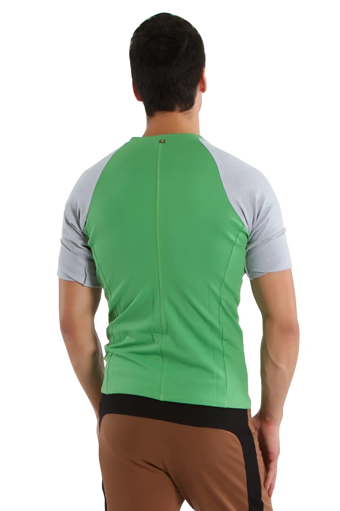 Green and gray bamboo virtual crew neck raglan sleeve athletic shirt with black waistband