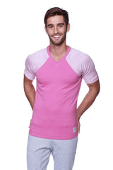 Pink and light purple raglan sleeve v-neck t-shirt with subtle ribbed texture on shoulders in berry with pink and grey stripe