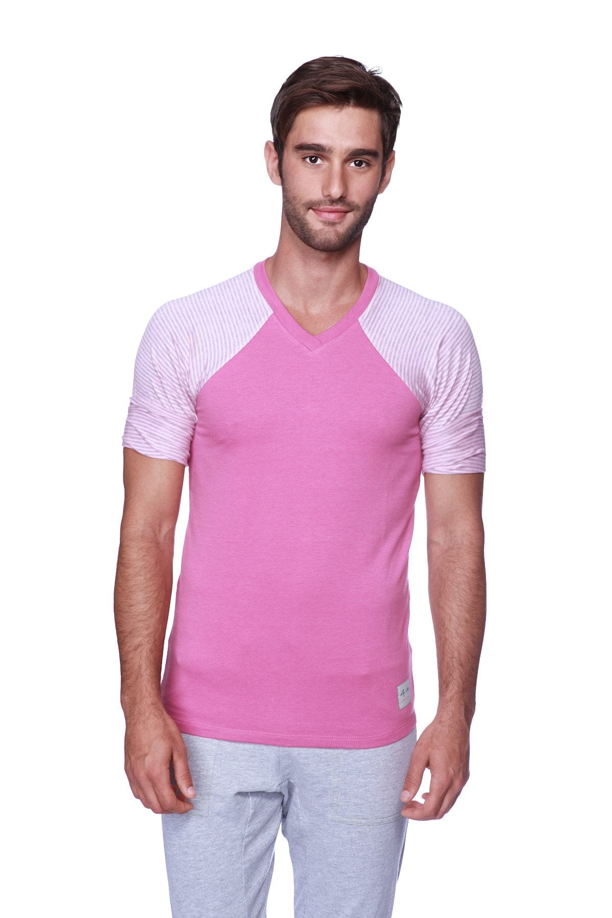 Pink raglan virtual crew neck t-shirt with v-neck and pink grey striped sleeves in soft breathable fabric