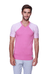 Pink raglan virtual crew neck t-shirt with v-neck and pink grey striped sleeves in soft breathable fabric