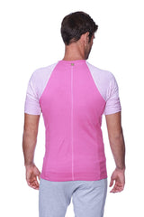 Pink raglan virtual crew neck athletic shirt with light gray and white striped raglan sleeves for activewear