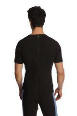 Back view of a black raglan virtual crew neck athletic shirt with a central zipper designed for active wear