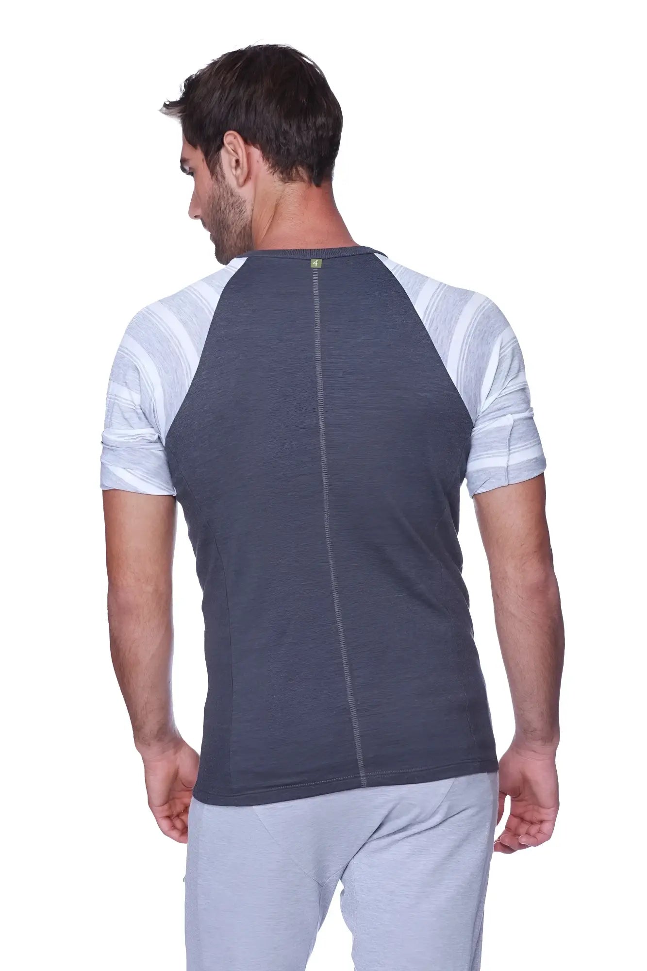 Back view of dark gray and light gray striped raglan sleeve crew neck t-shirt with central zipper in charcoal w grey and white stripe