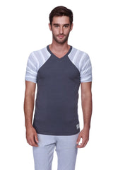 Men’s dark gray v-neck raglan t-shirt with light gray and white striped sleeves charcoal breathable cotton