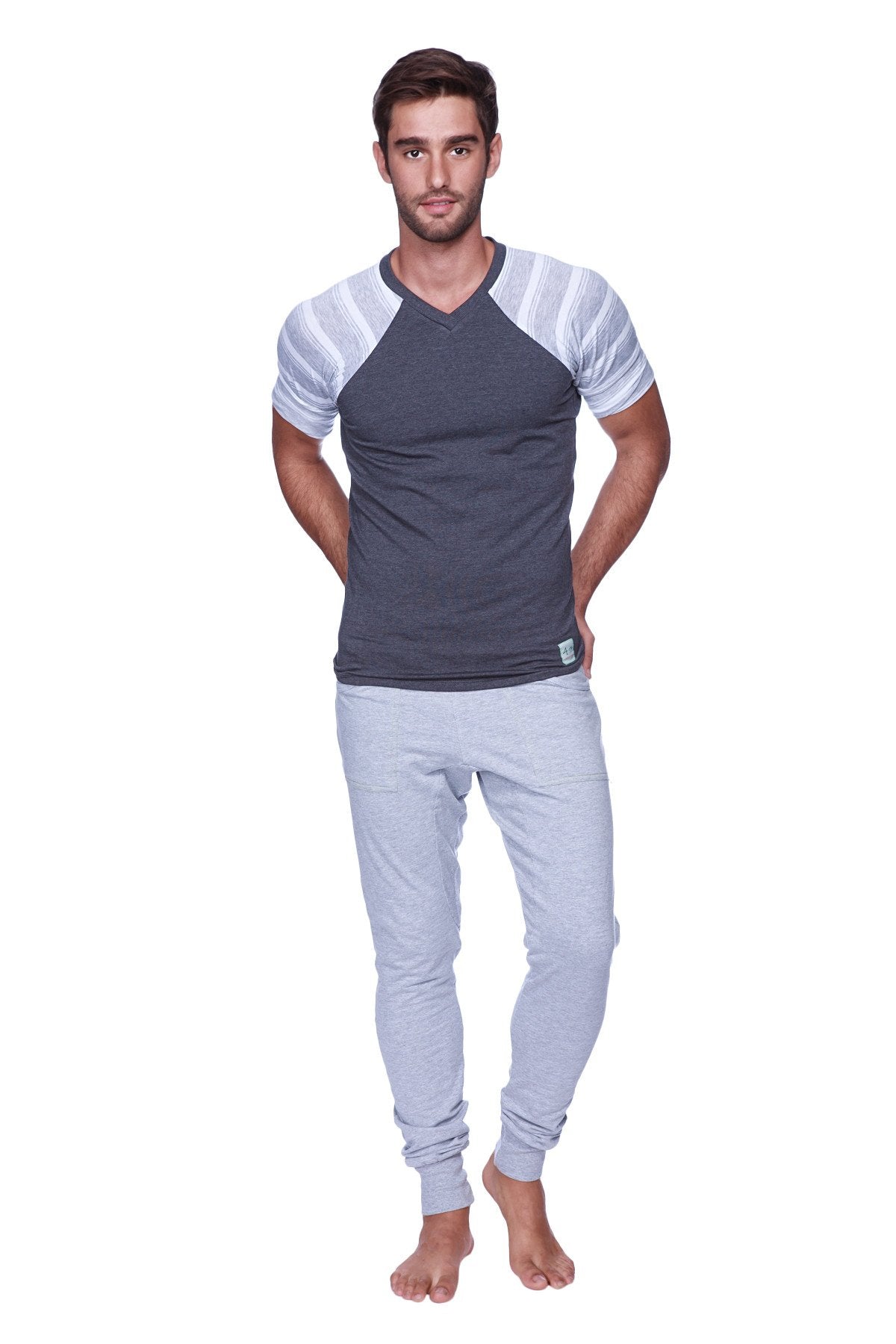 Men’s raglan virtual crew neck t-shirt charcoal with grey and white stripes v-neck raglan sleeves casual wear
