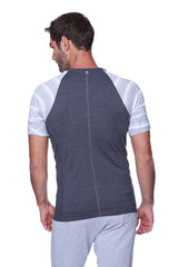 Back view of dark gray and light gray striped raglan sleeve crew neck t-shirt with central zipper in charcoal w grey and white stripe