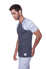 Men’s raglan virtual crew neck charcoal with grey and white stripe short sleeve v-neck t-shirt in dark and light gray