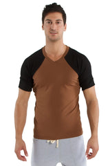 Brown and black raglan sleeve v-neck t-shirt chocolate w black made from soft breathable fabric for casual wear