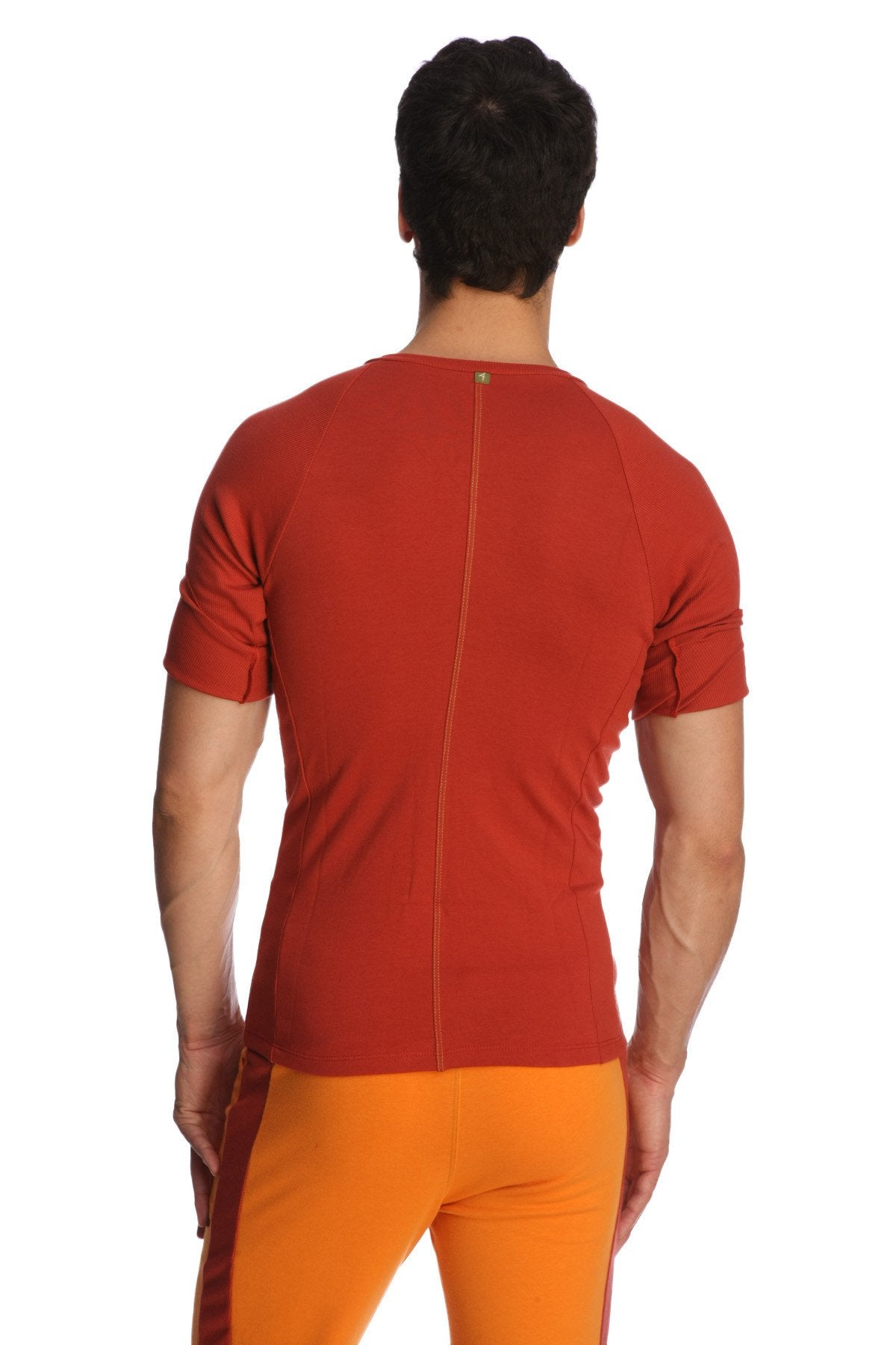Back view of a fitted short-sleeved orange cinnabar raglan virtual crew neck athletic shirt with central zipper and seam detailing