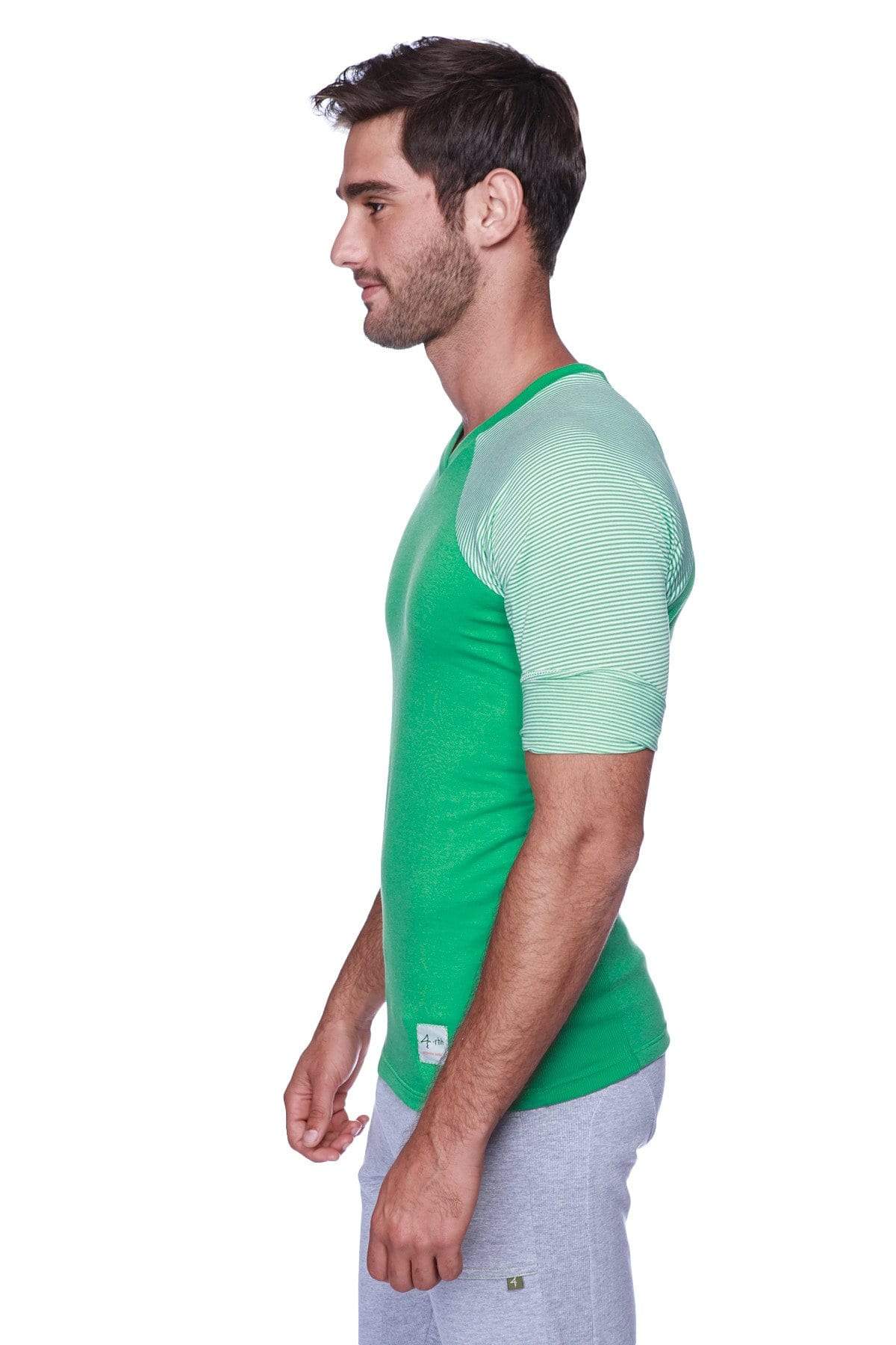 Green raglan virtual crew neck baseball t-shirt with light green and white striped sleeves for casual wear