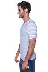 Light gray raglan virtual crew neck t-shirt with horizontal white stripes on sleeves for casual wear