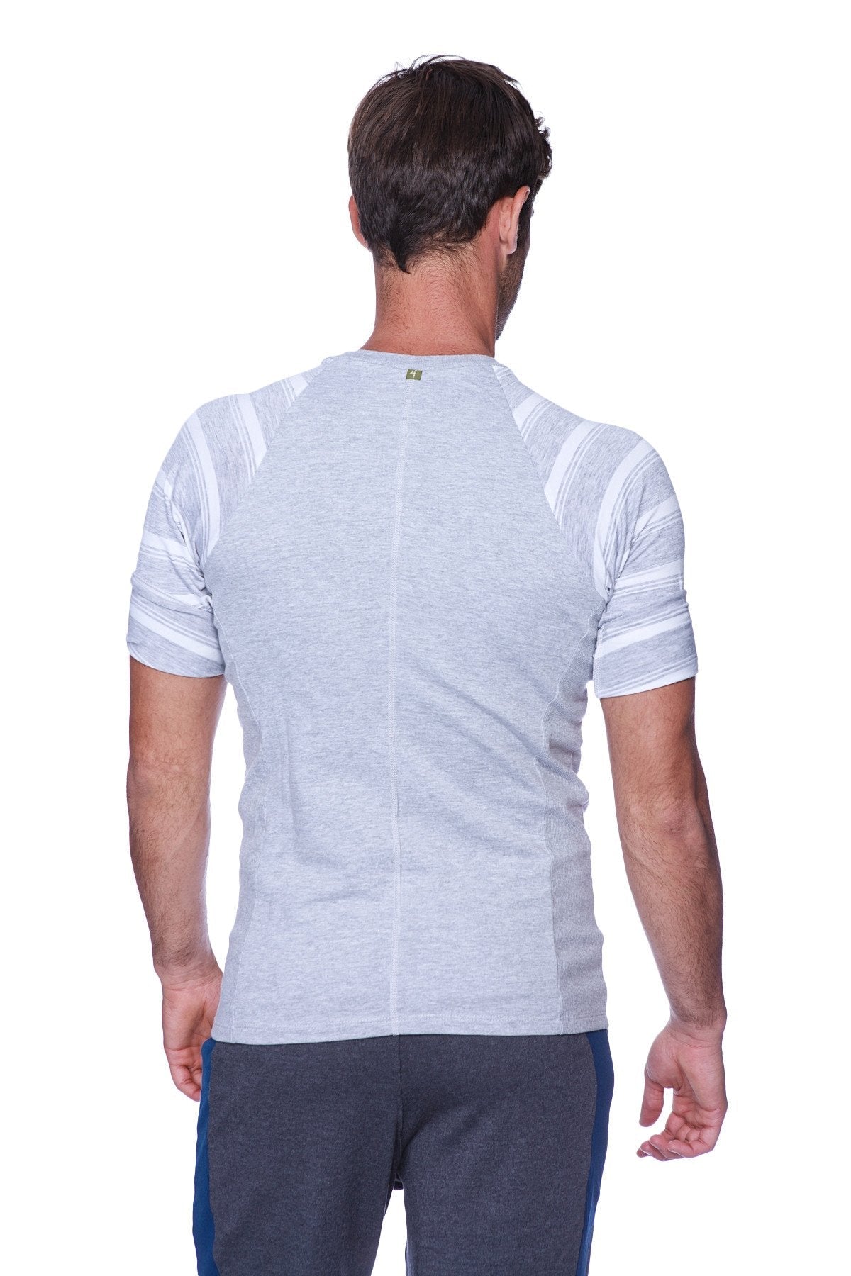 Gray heathered short sleeve raglan virtual crew neck shirt with white striped panels on shoulders and sleeves