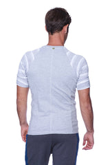Gray heathered short sleeve raglan virtual crew neck shirt with white striped panels on shoulders and sleeves