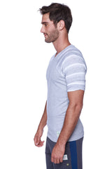 Light gray raglan virtual crew neck t-shirt with horizontal white stripes on sleeves for casual wear