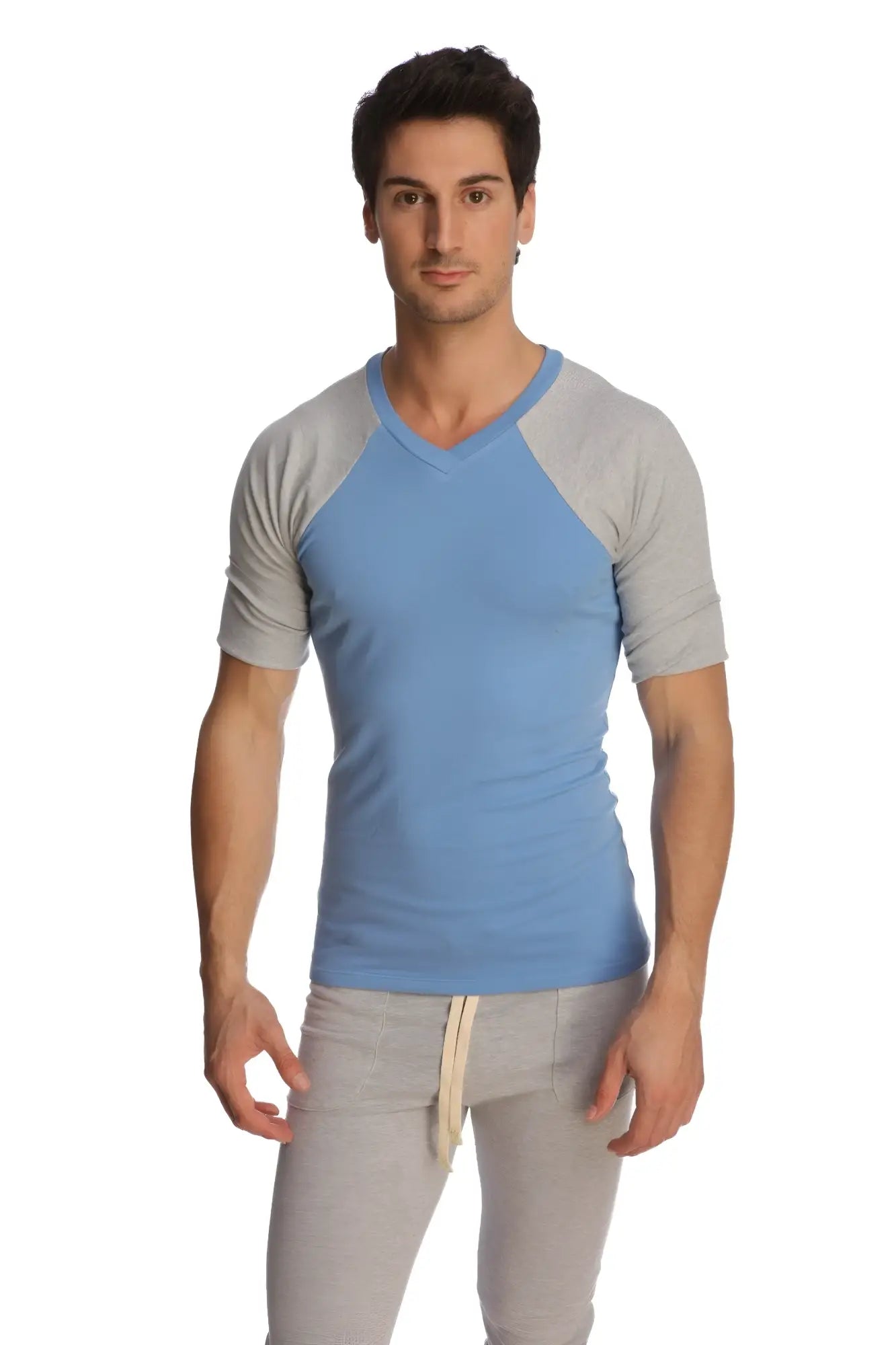 Light blue and gray raglan sleeve v neck t shirt made of soft fabric for casual wear titled raglan virtual crew neck ice blue