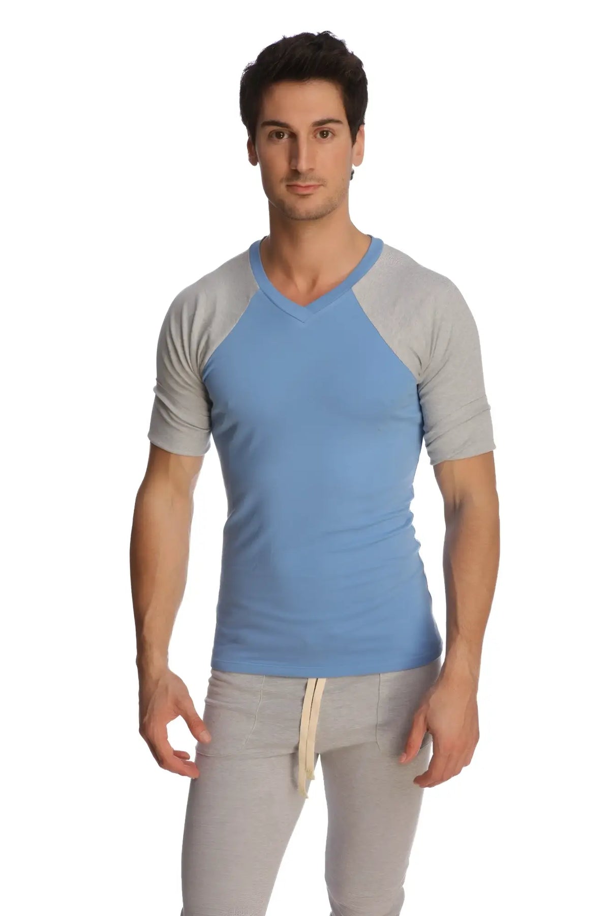 Light blue and gray raglan sleeve v neck t shirt made of soft fabric for casual wear titled raglan virtual crew neck ice blue