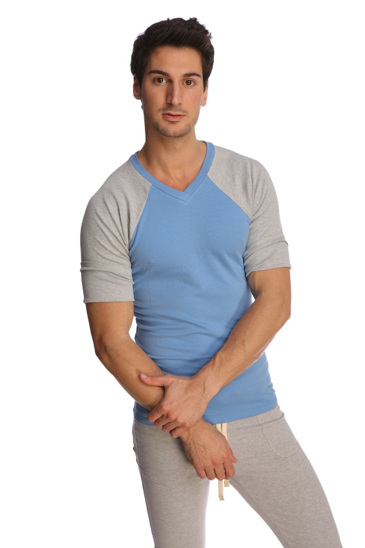 Light blue and gray raglan sleeve v neck t shirt made of soft fabric for casual wear in raglan virtual crew neck style