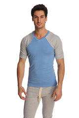 Light blue and gray raglan sleeve v neck t shirt made of soft fabric for casual wear titled raglan virtual crew neck ice blue