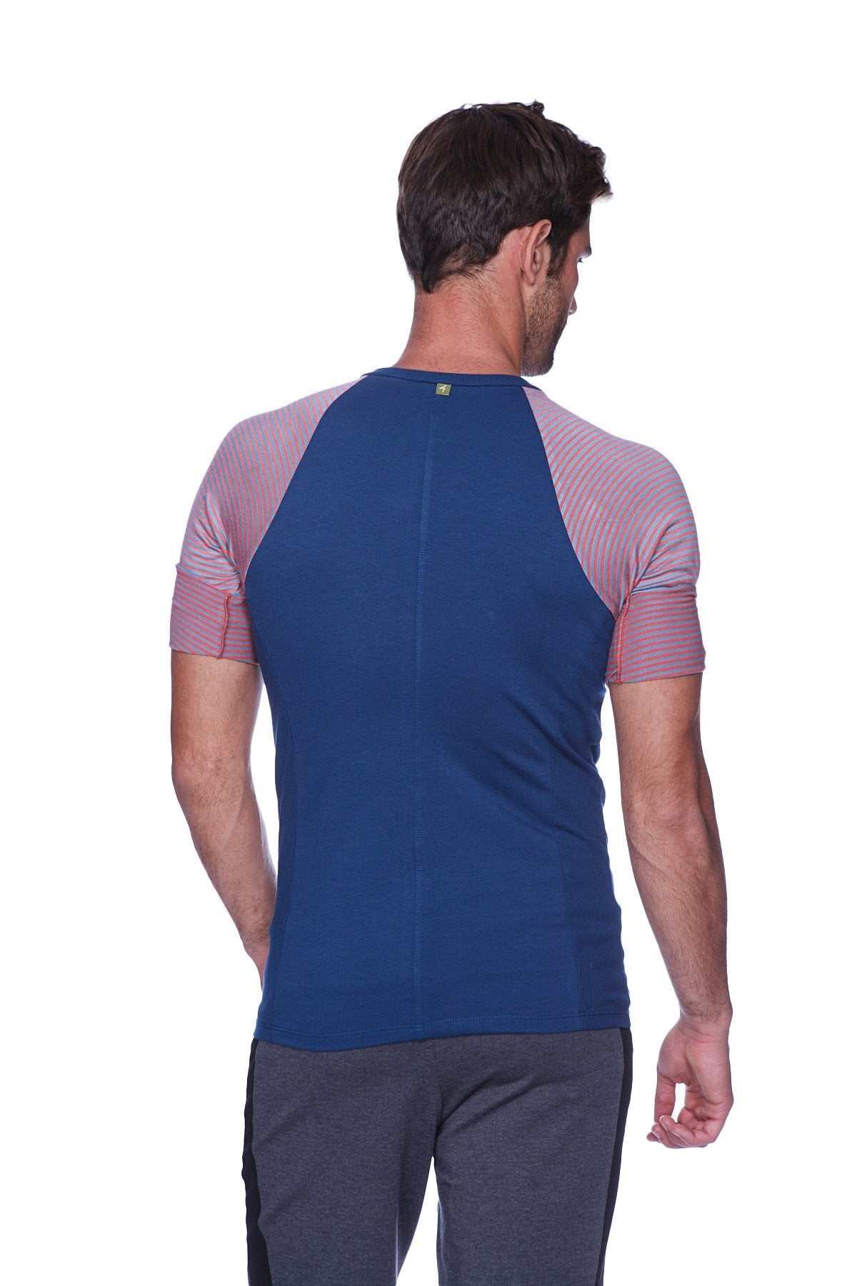 Raglan virtual crew neck short-sleeve shirt in royal blue with red and grey stripe ribbed raglan sleeves