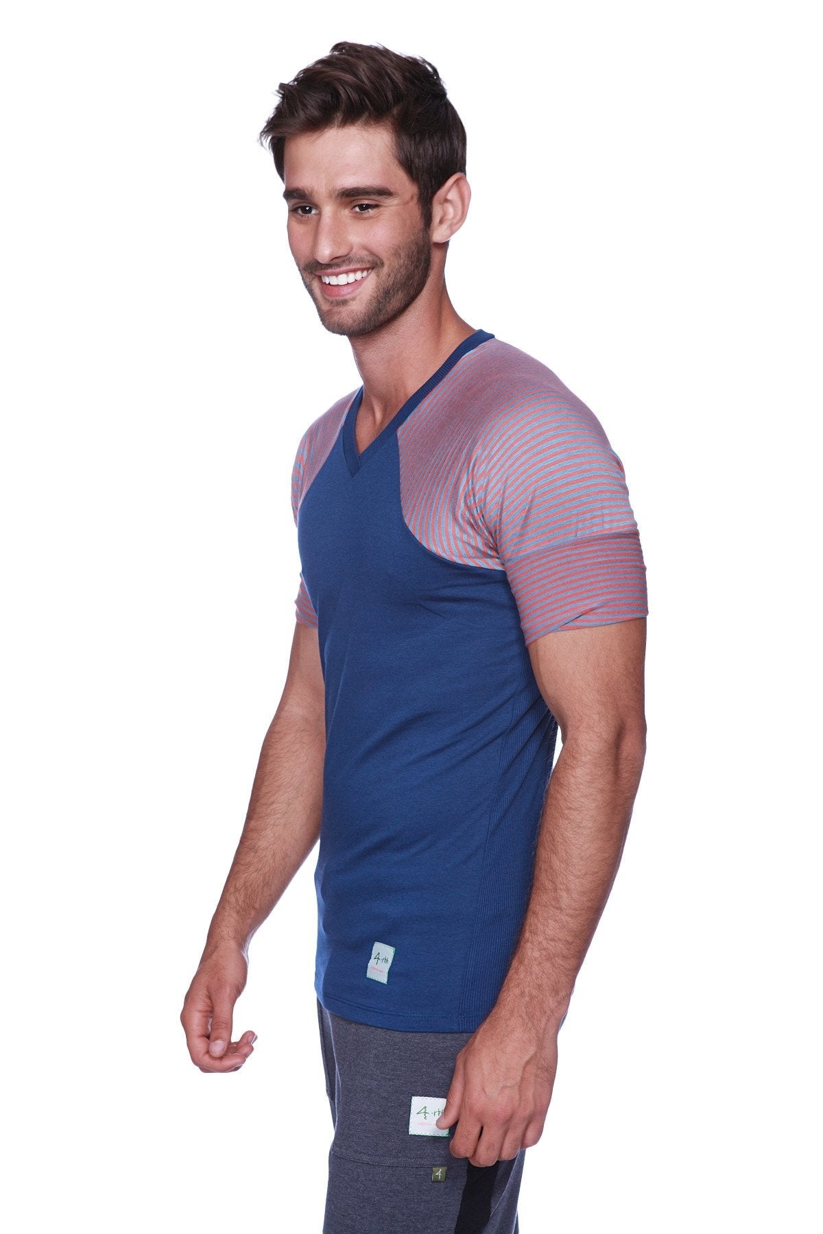 Blue and pink color-blocked athletic v-neck t-shirt featuring raglan sleeves in royal blue with red and grey stripe