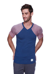 Royal blue raglan virtual crew neck t-shirt with red and grey stripe and ribbed textured blue and pink raglan sleeves
