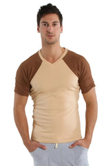 Beige and brown raglan sleeve v neck t shirt in sand with chocolate color perfect for casual wear
