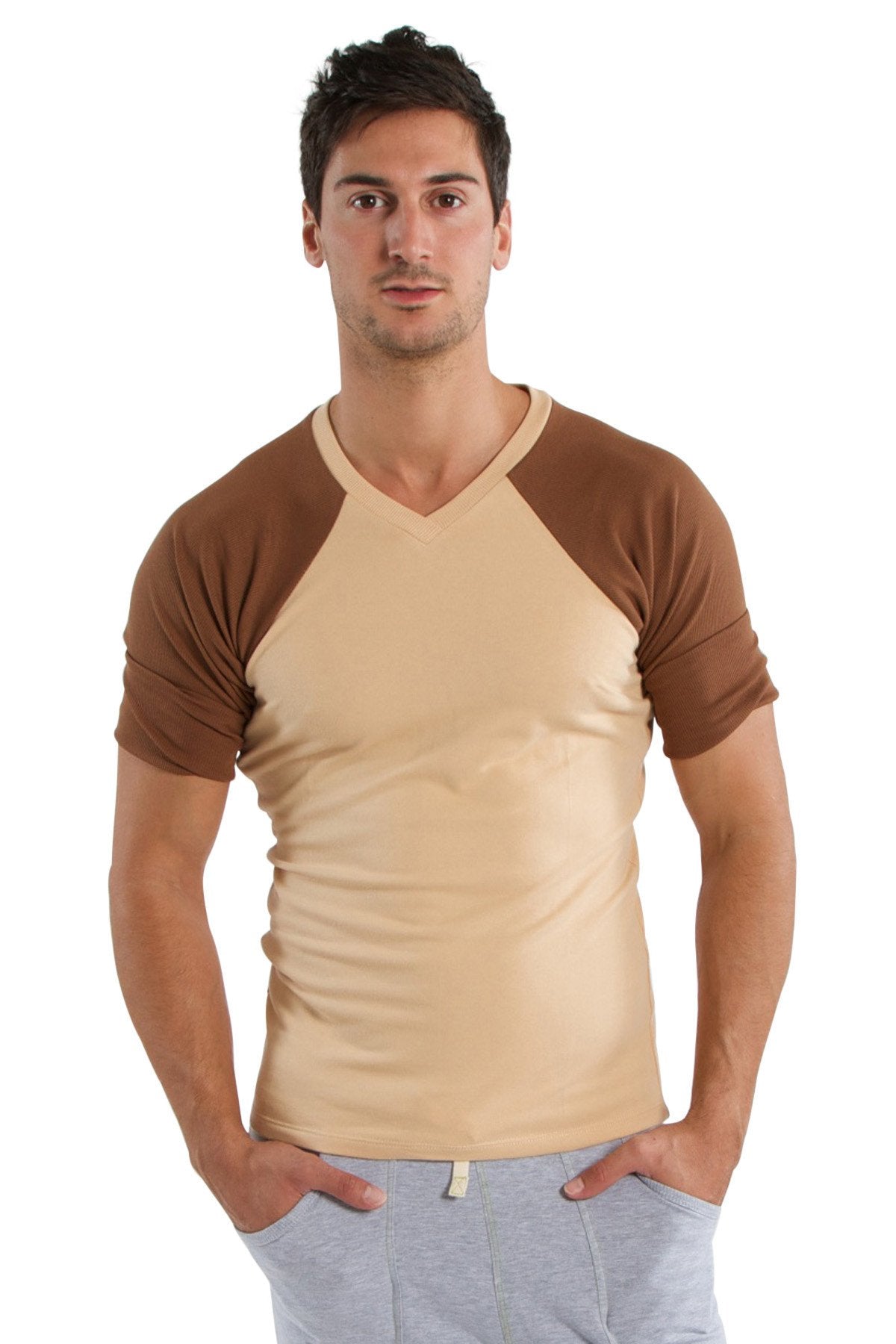 Beige and brown raglan sleeve v neck t shirt in sand with chocolate color perfect for casual wear